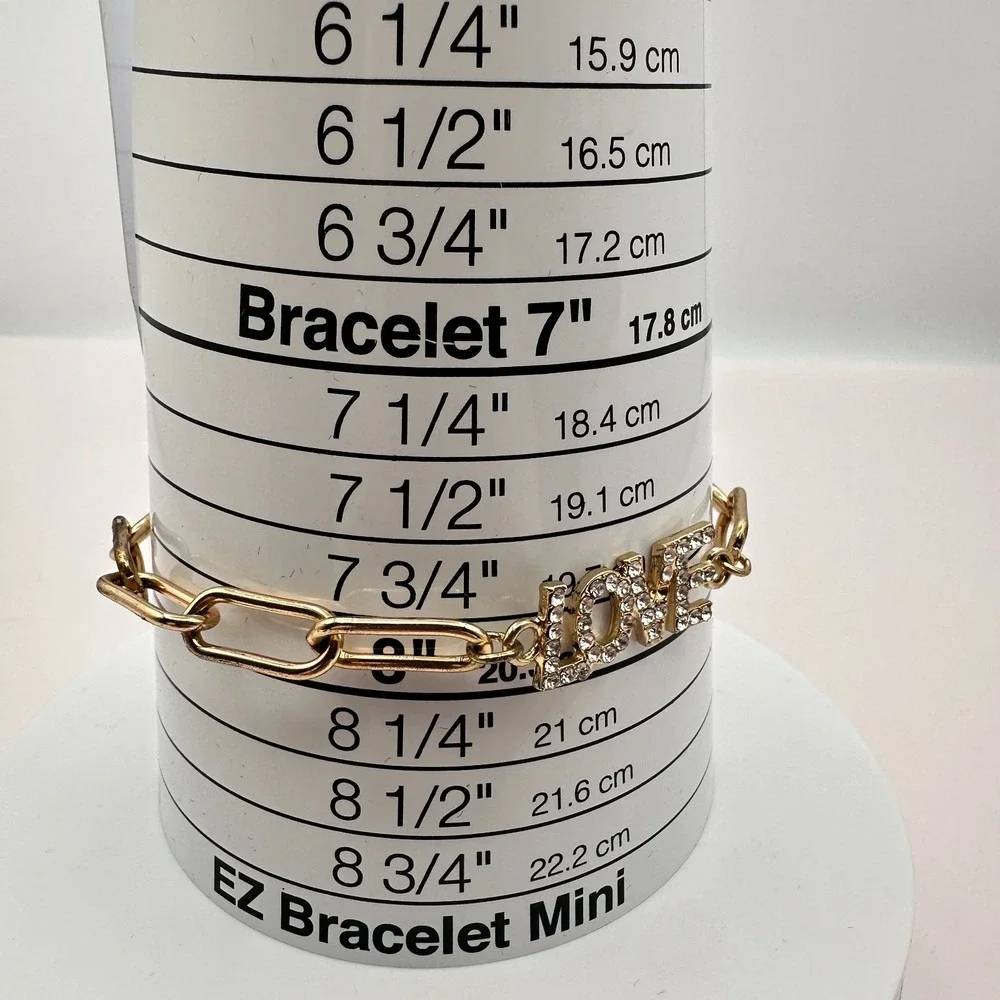 Vintage Y2K Gold Tone Rhinestone LOVE Paperclip Chain Bracelet for Women